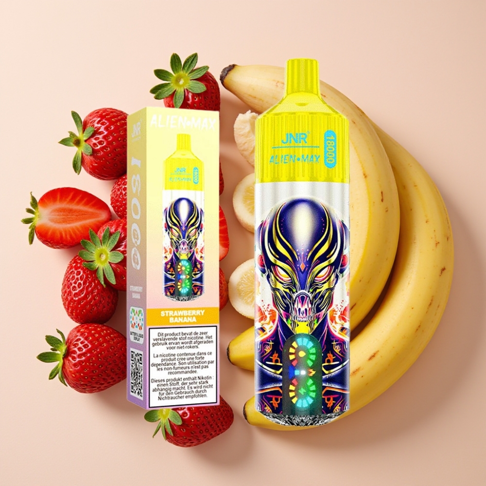 JNR Alien Max 18000 Puffs Affichage LED, Double Mesh Coil, 28ml, Fraise Banane