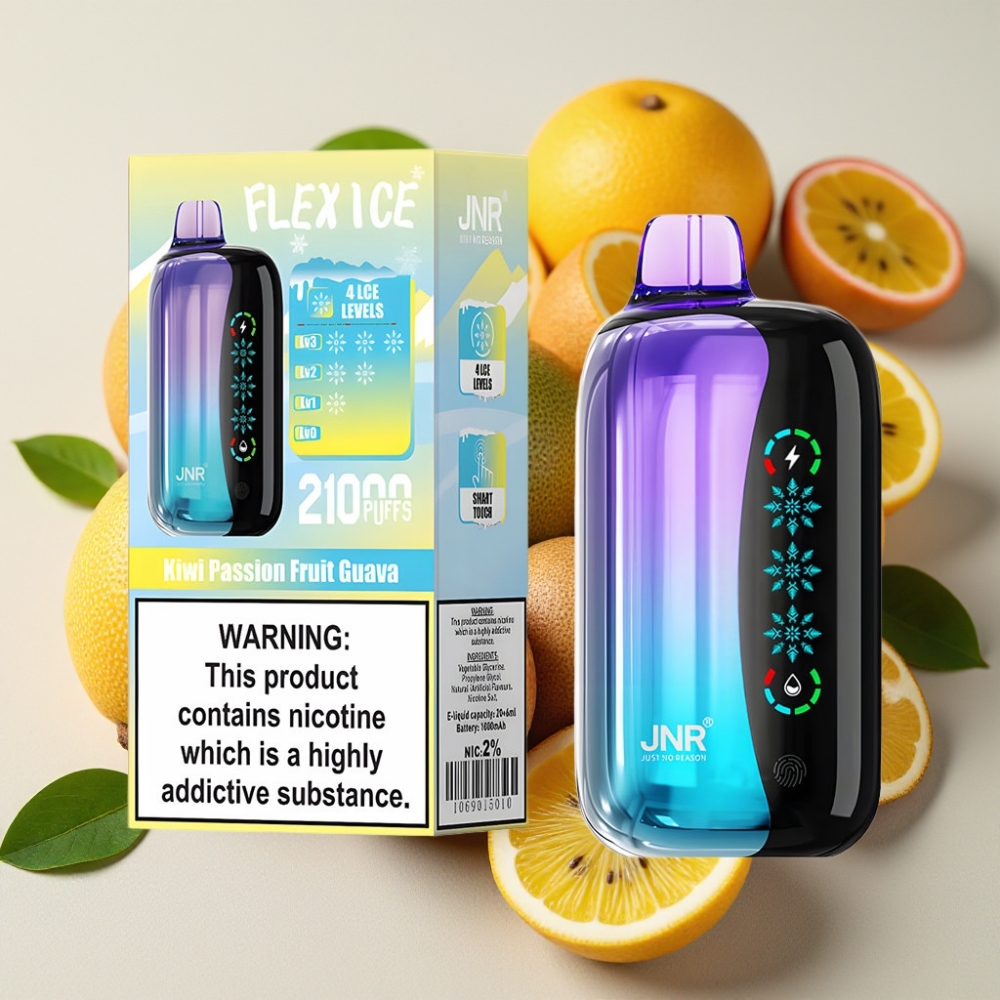 JNR Flex Ice 21000 Puffs Disposable Vape Kiwi Fruit de la Passion Goyave, 26ml, Airflow Réglable, 1.2 Ohm Dual Mesh