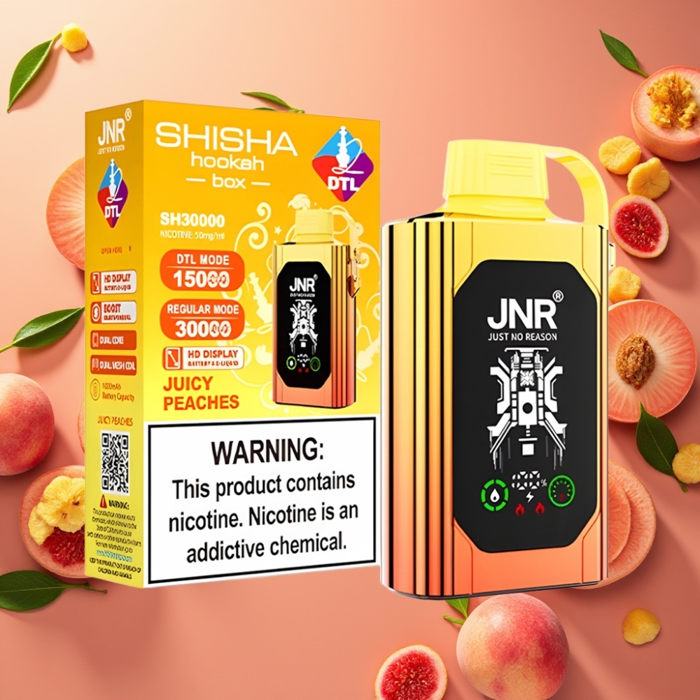 JNR Shisha Hookah Box 20500 Puffs - Écran HD, 25ml, Double Mesh, Pêches Juteuses