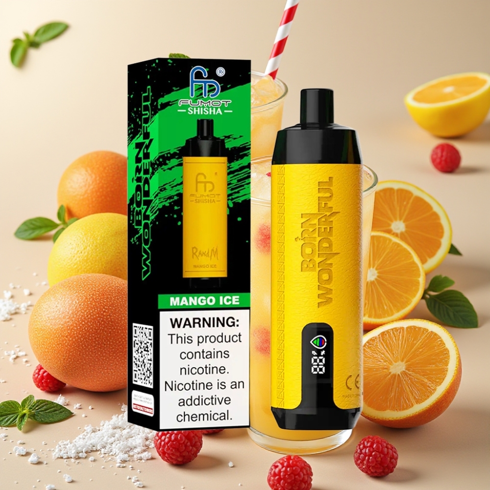 RandM Fumot Shisha 10000 Puffs Mangue Glacé - LED, 18ml, 0.6ohm