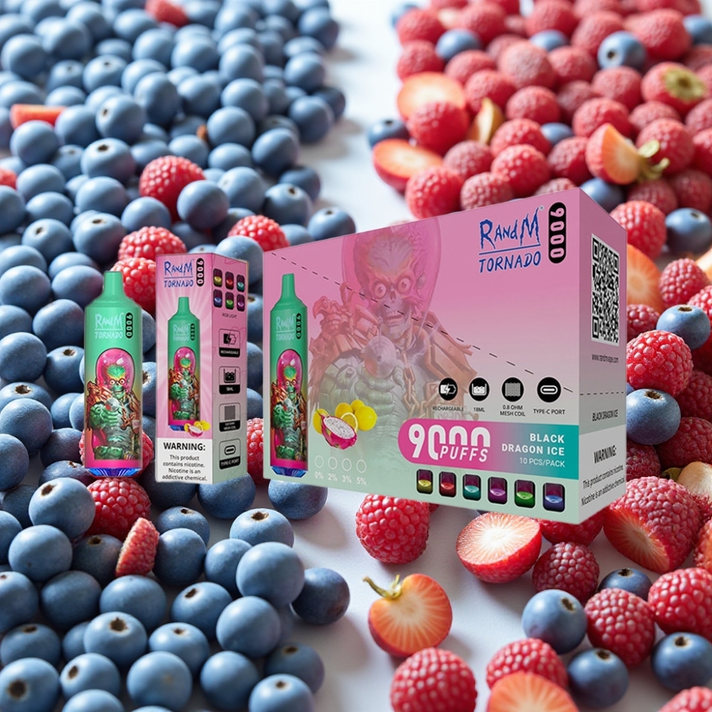 RandM Tornado 9000 Puffs 18 mL Bleu Razz Kush Affichage RGB Bobine Mesh